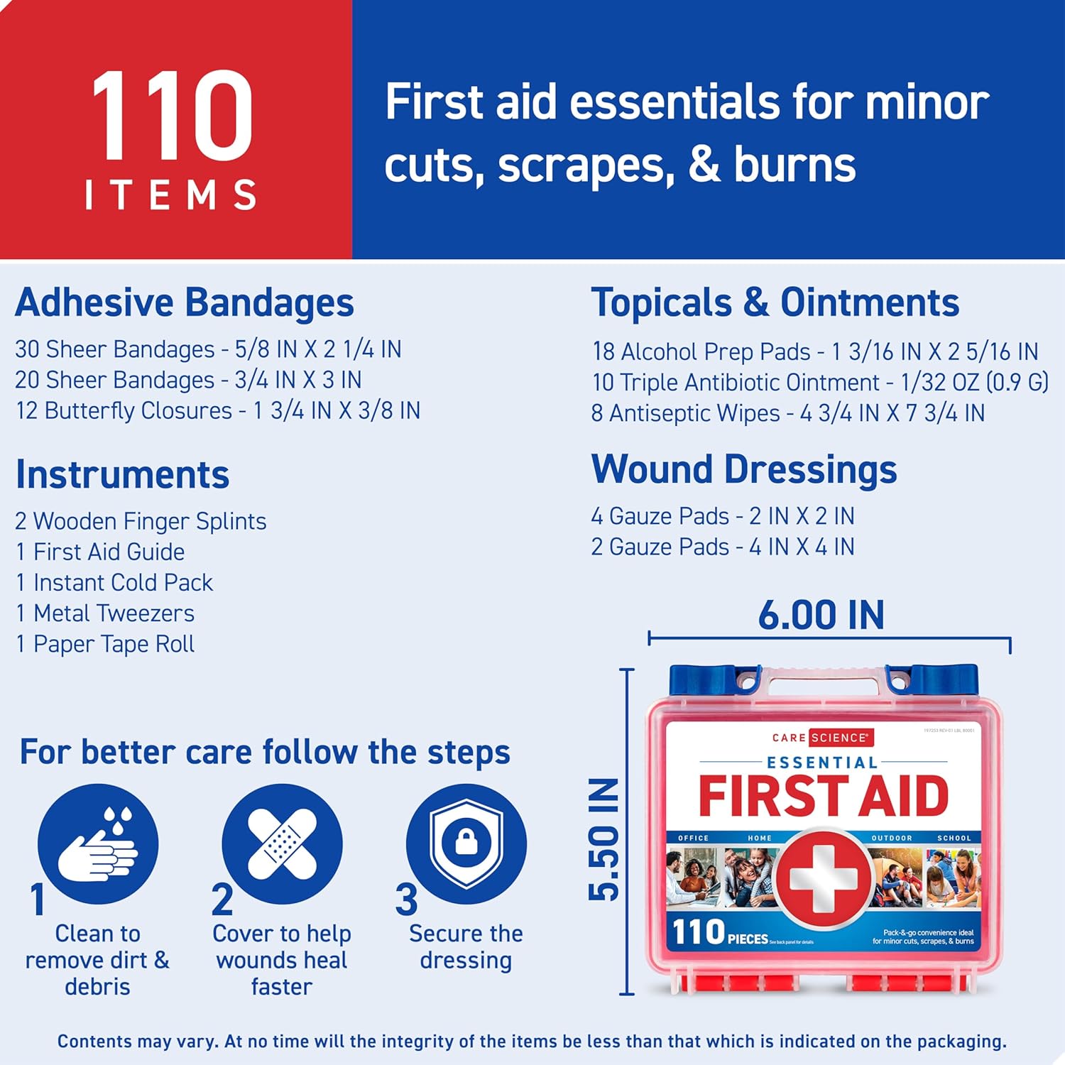 Care Science First Aid Kit, 110 Pieces | Professional Use for Travel, Work, School, Home, Car, Emergency, Survival, Camping, Hiking, and More - Image 6