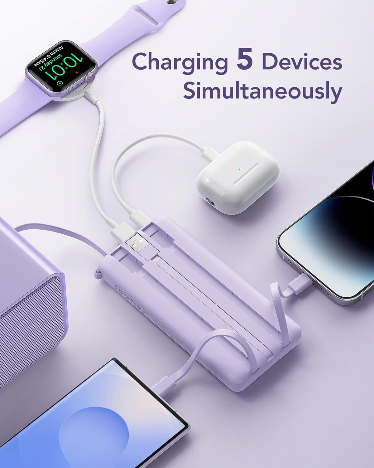 VRURC Portable Charger, Built-in 4 Cables Slim Power Bank 10000mAh, USB C Charging Bank with LED Display, Compact Travel Battery Pack with 5 Outputs for Multi Devices, Android-Black(1 Pack) - Image 8